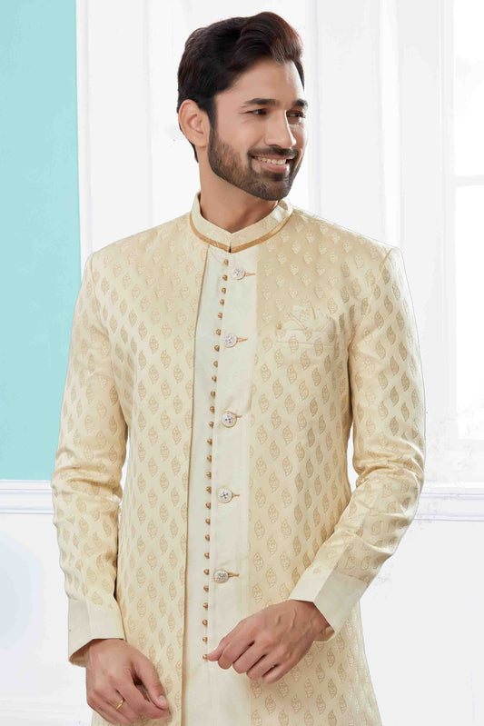 Cream Indo Western In Banarasi Jacquard NCSH10410524