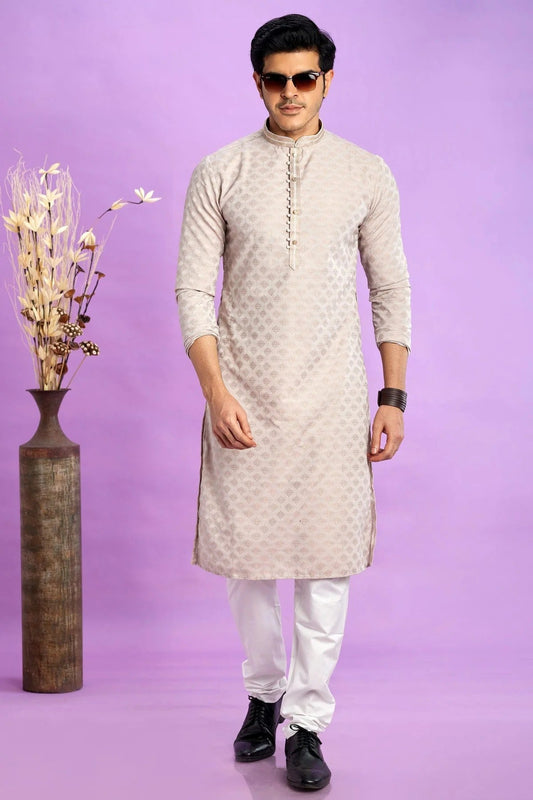 Cream Jacquard Art Silk Pintex Kurta Pajama NCKP12310171