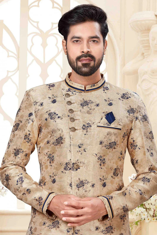 Cream Jacquard Dhoti Sherwani NCSH10410347