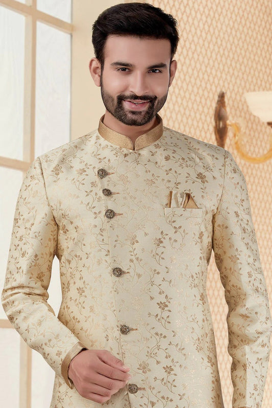 Cream Jacquard Dhoti Sherwani NCSH10410361