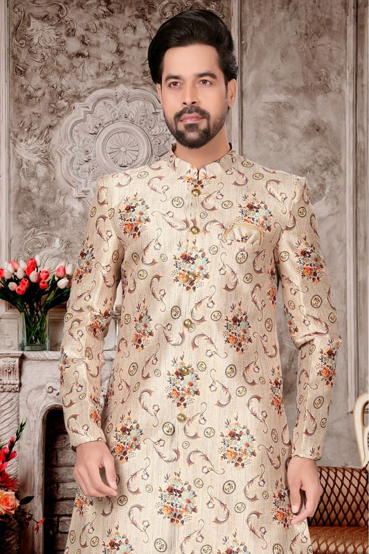 Cream Jacquard Dhoti Sherwani NCSH10410387