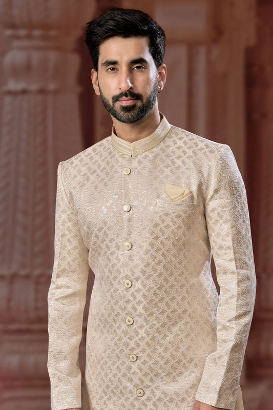 Cream Jacquard Sherwani NCSH10410252