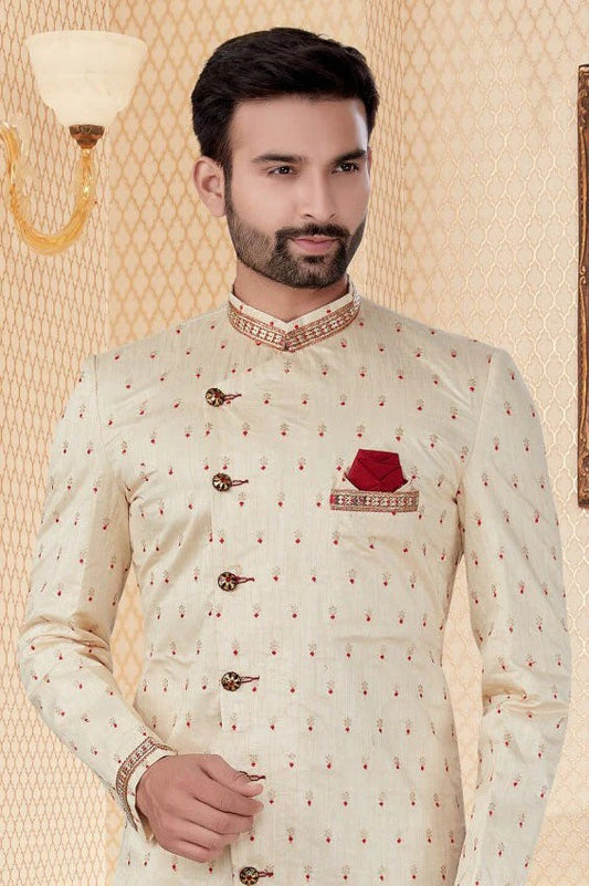 Cream Jacquard Sherwani NCSH10410372