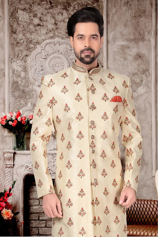 Cream Jacquard Sherwani NCSH10410378