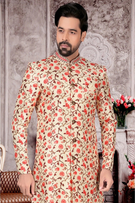 Cream Jacquard Sherwani NCSH10410398