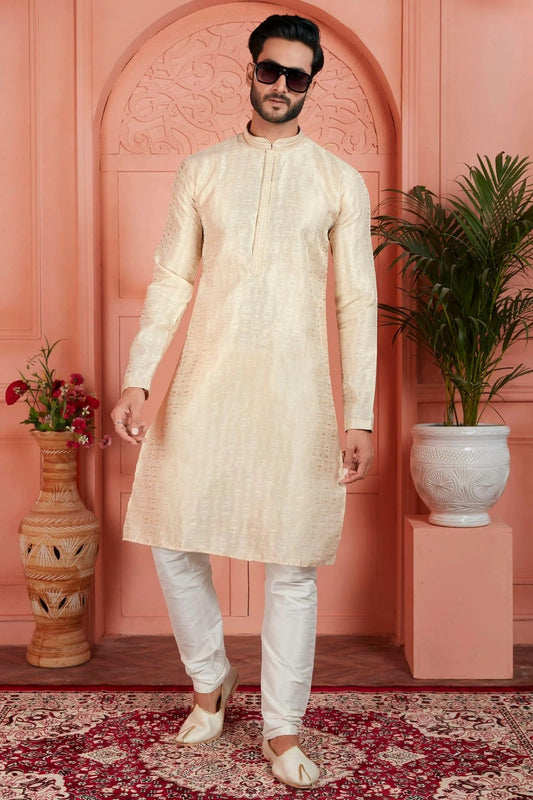 Cream Jacquard Silk Brocade Kurta Pajama NCKP12310149