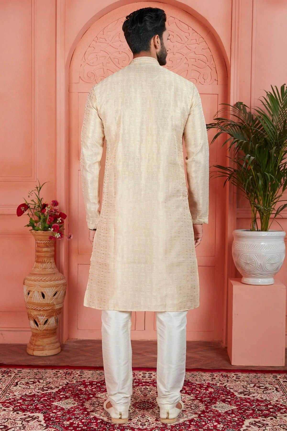 Cream Jacquard Silk Brocade Kurta Pajama NCKP12310149