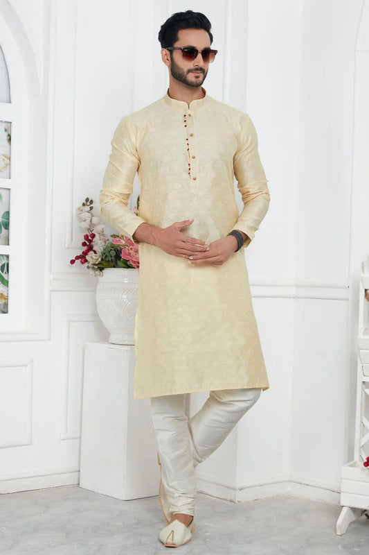 Cream Jacquard Silk Brocade Kurta Pajama NCKP12310151