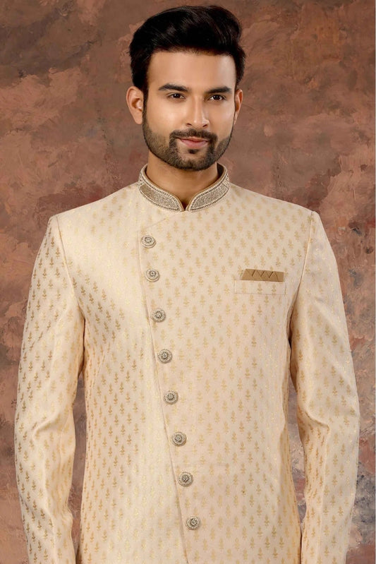 Cream Jacquard Woven Sherwani NCSH10410413