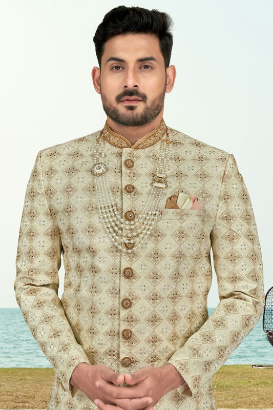 Cream Kora Shine Silk Indo Western Sherwani NCSH10410293