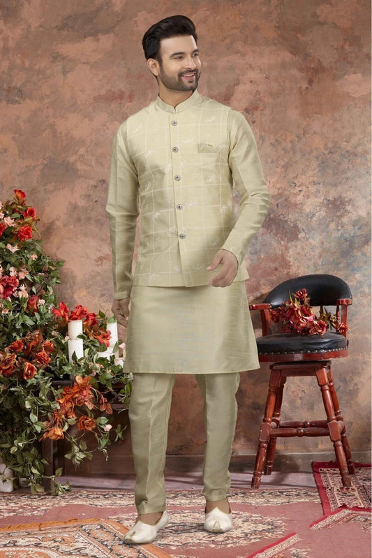 Cream Kurta PajamaWith Jacket In Silk Dupion NCKP10410731