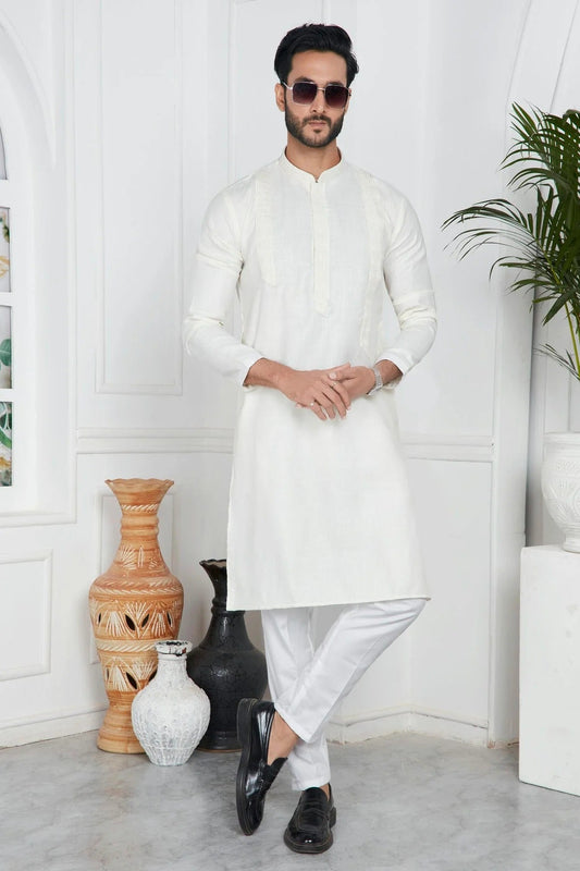 Cream Linen Cotton Pintex Kurta Pajama NCKP12310250