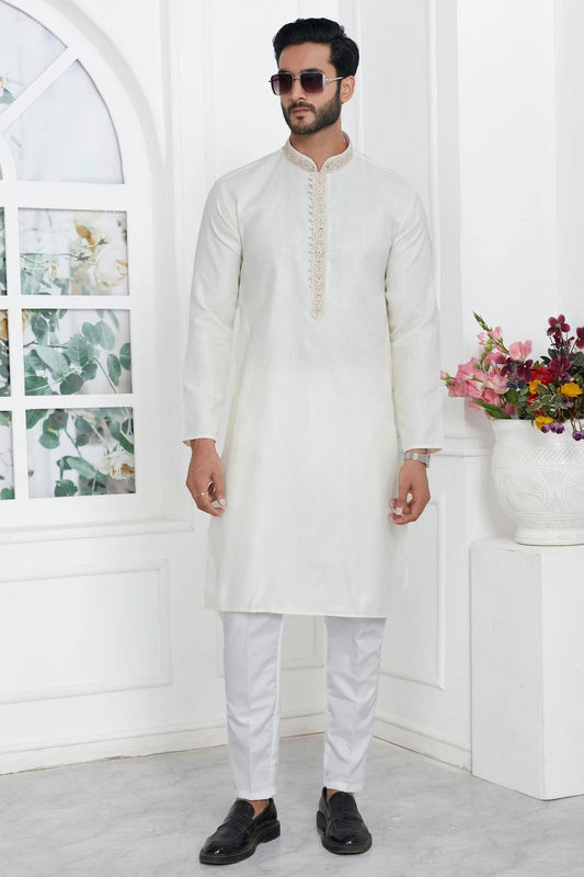 Cream Linen Cotton Thread Kurta Pajama NCKP12310233