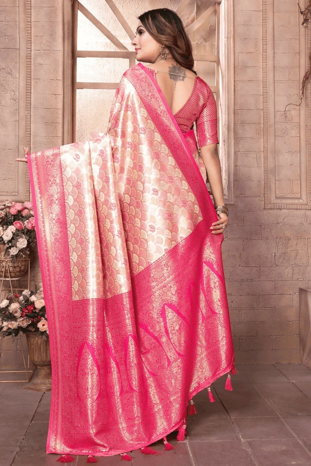 Cream Pink Woven Banarasi Silk Traditional Saree NCSD12510198