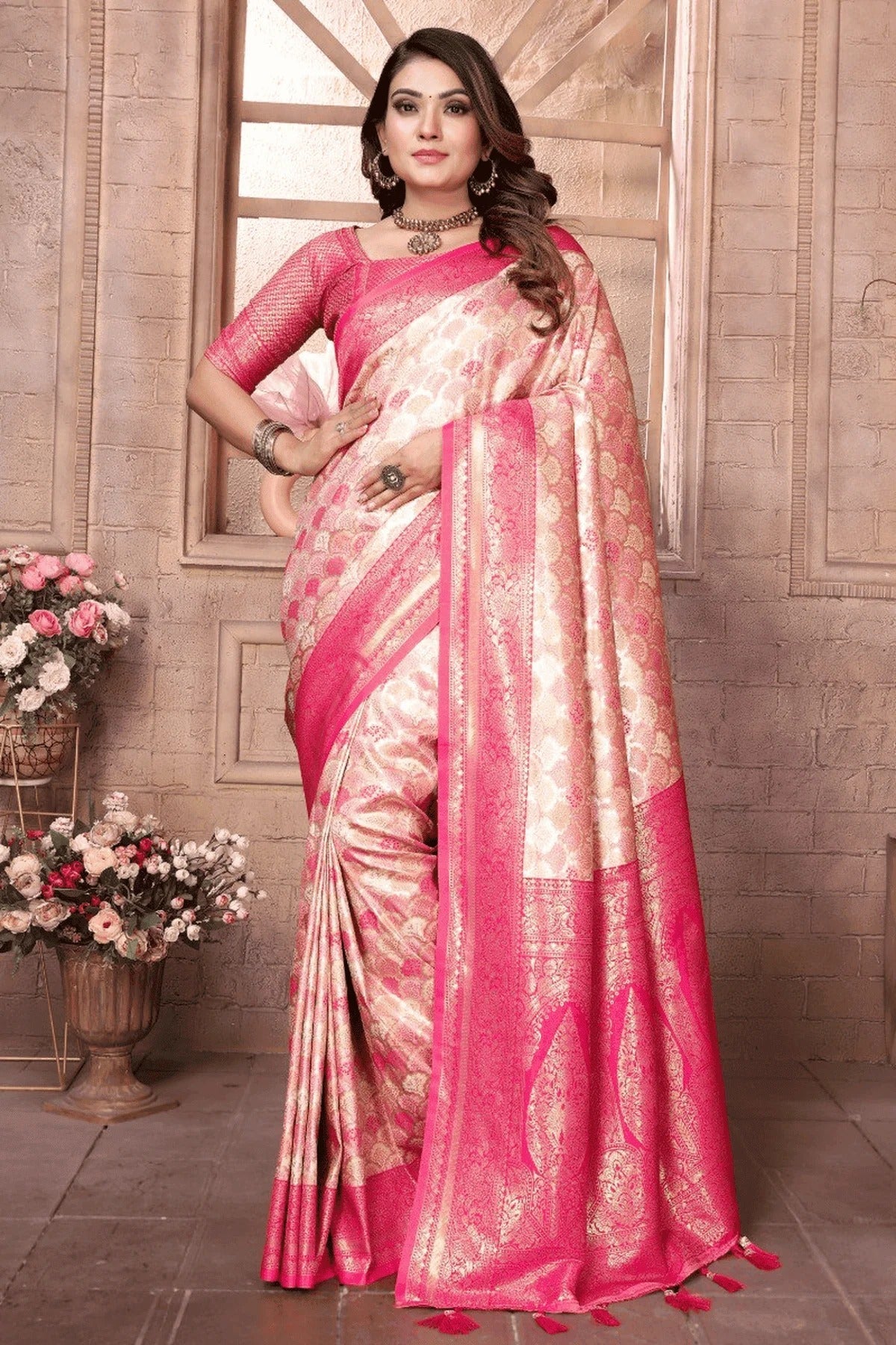 Cream Pink Woven Banarasi Silk Traditional Saree NCSD12510198