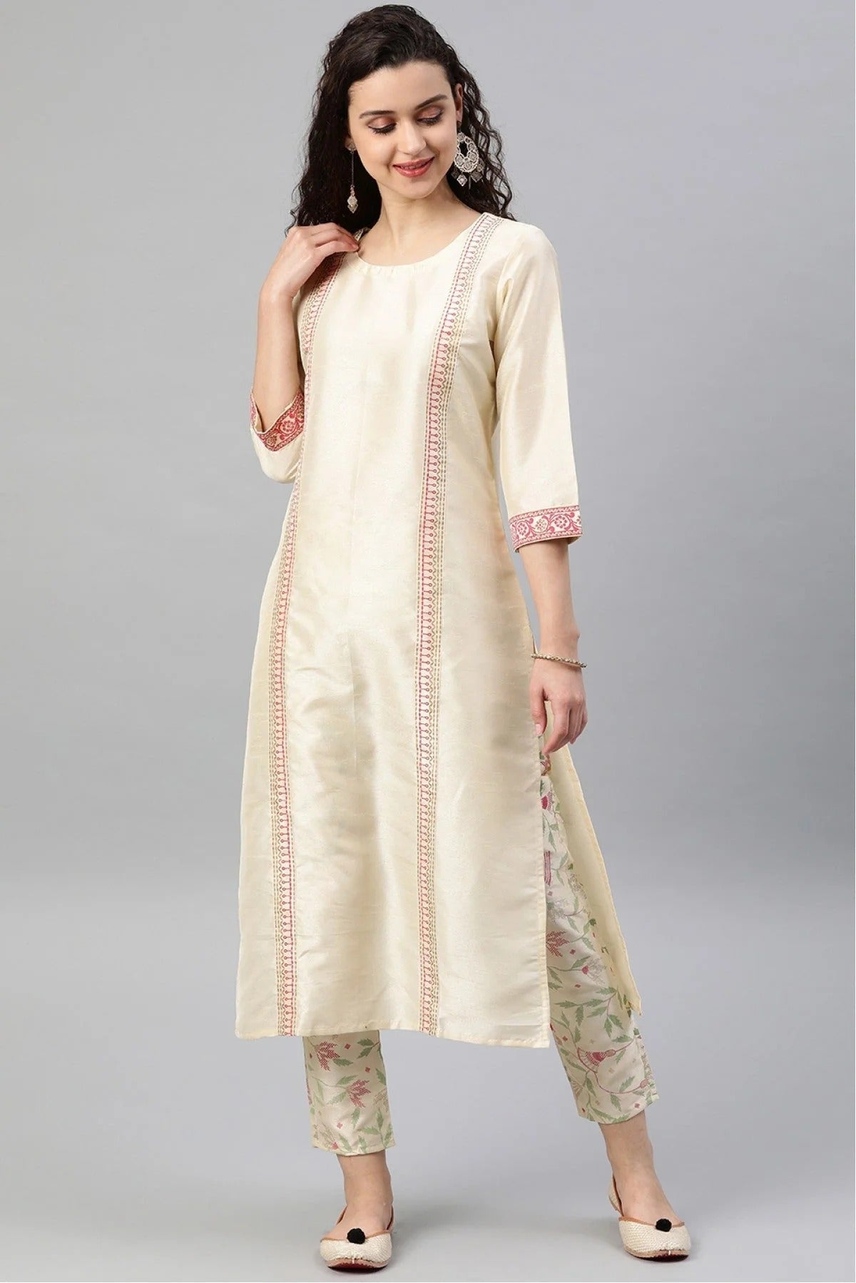 Cream Plus Size Poly Silk Kurta Set NCKR10610143