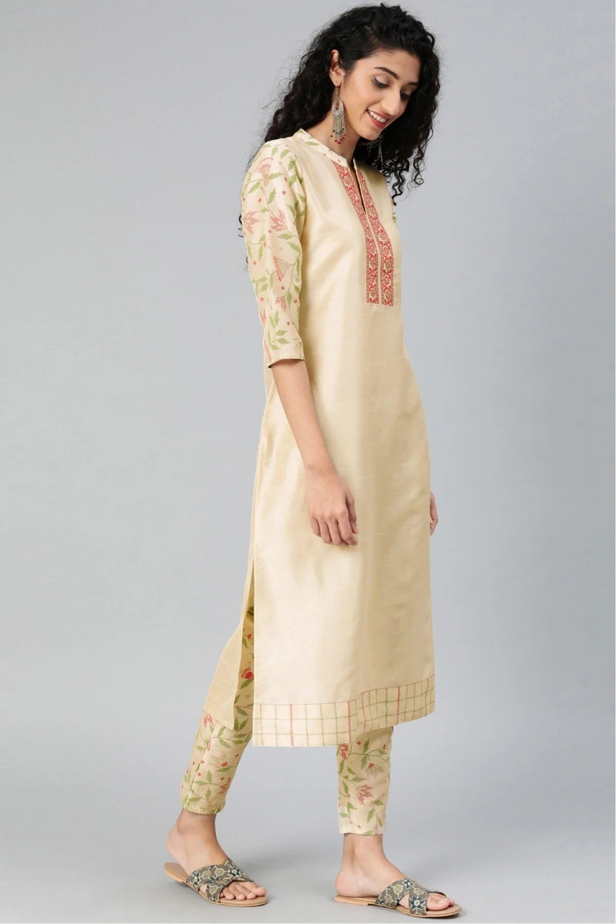 Cream Plus Size Poly Silk Kurta Set NCKR10610144