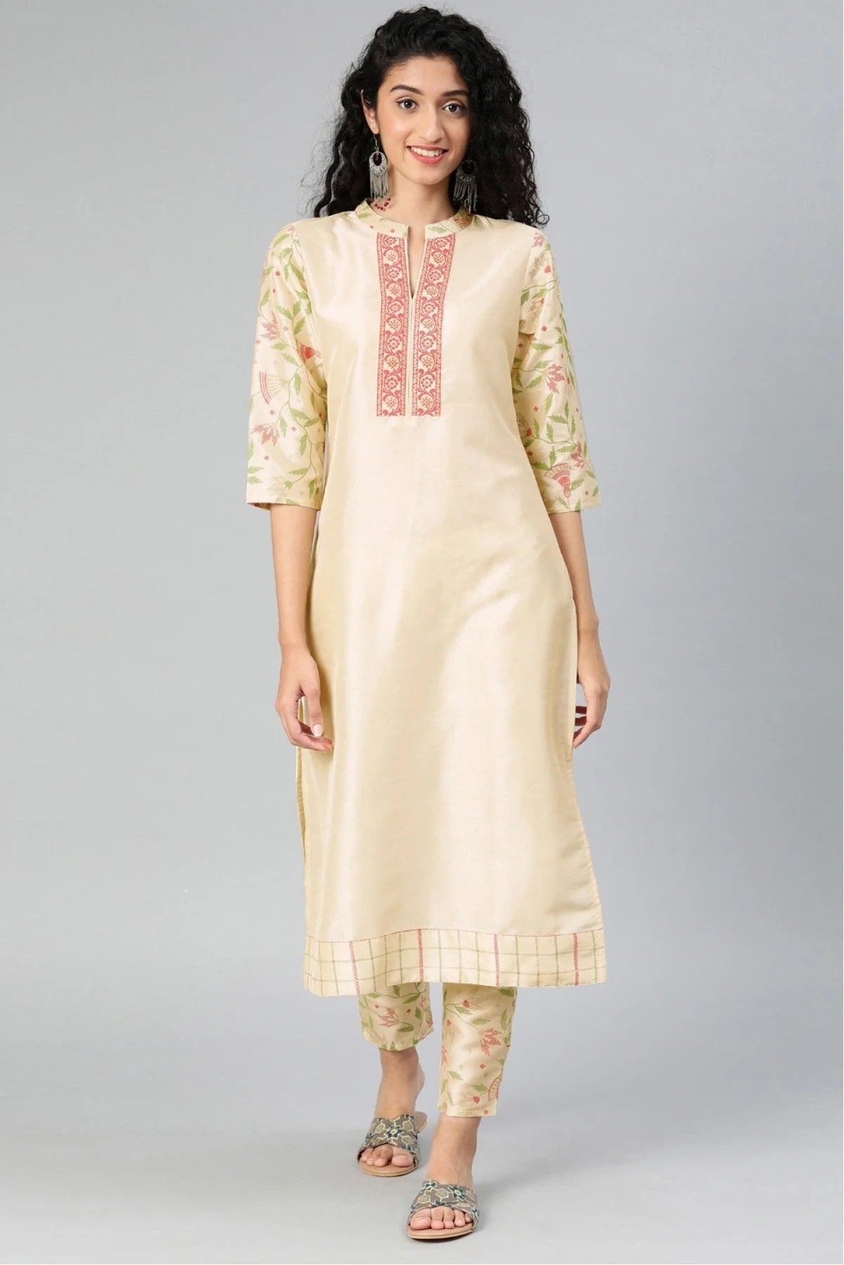 Cream Plus Size Poly Silk Kurta Set NCKR10610144