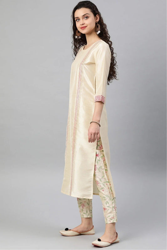 Cream Plus Size Poly Silk Kurti NCKR10610170