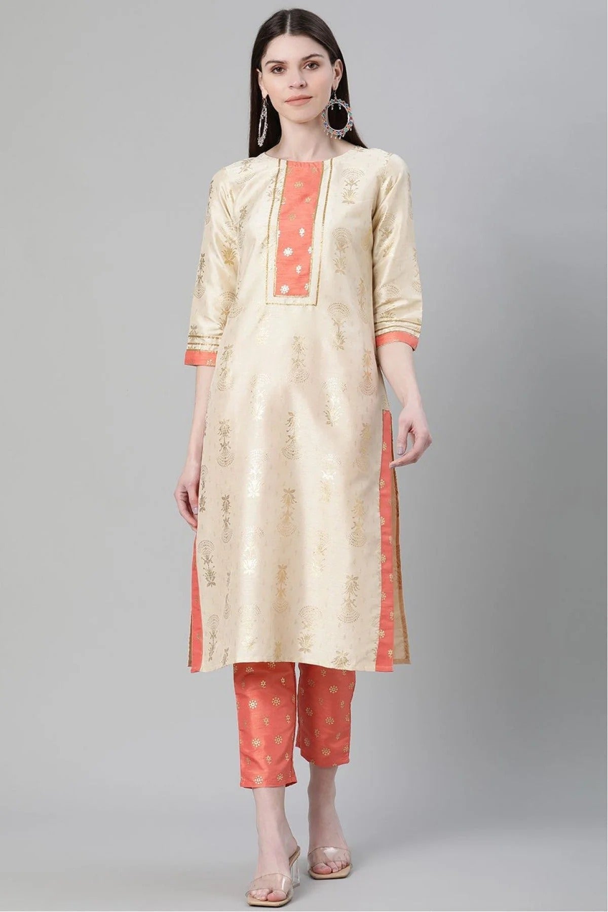 Cream Plus Size Poly Silk Printed Kurta Pant Set NCKR10610128