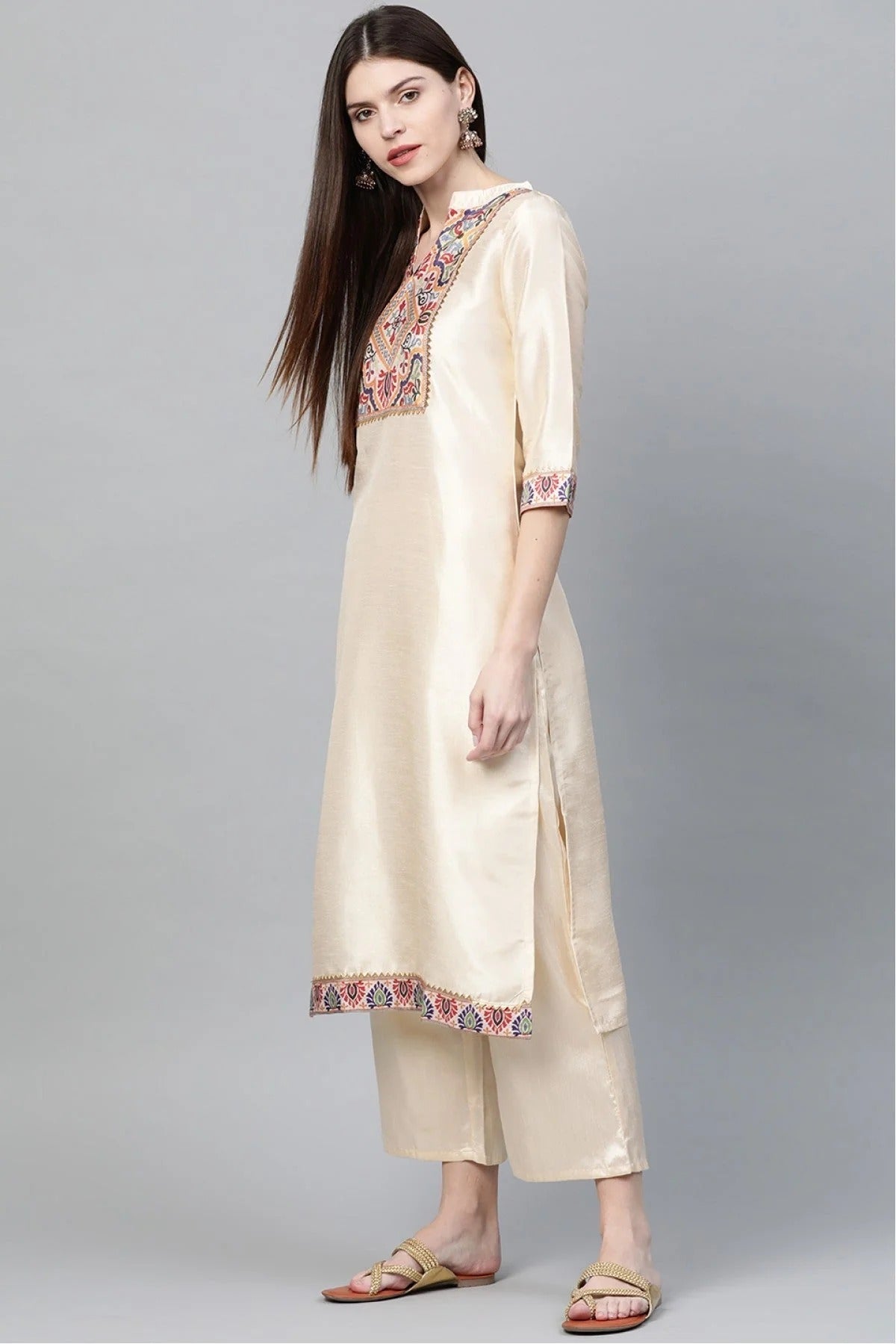 Cream Plus Size Poly Silk Straight Kurta Palazzo Set NCKR10610108