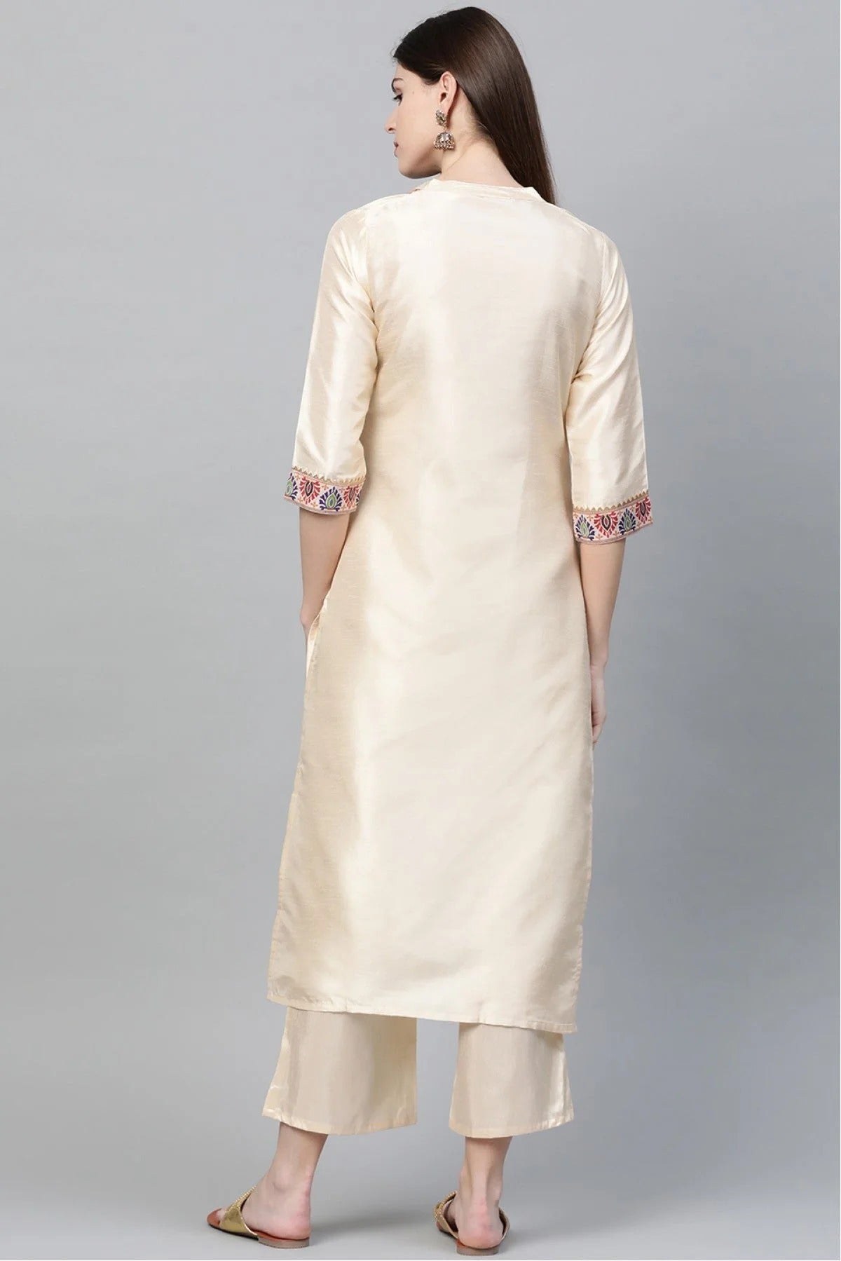 Cream Plus Size Poly Silk Straight Kurta Palazzo Set NCKR10610108