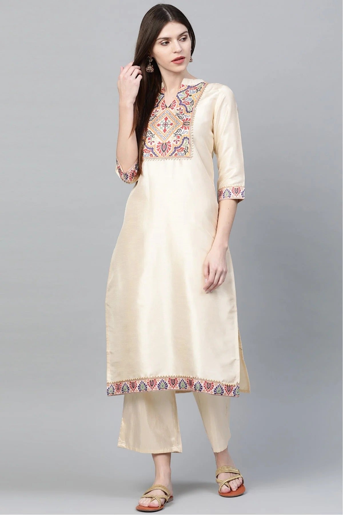 Cream Plus Size Poly Silk Straight Kurta Palazzo Set NCKR10610108