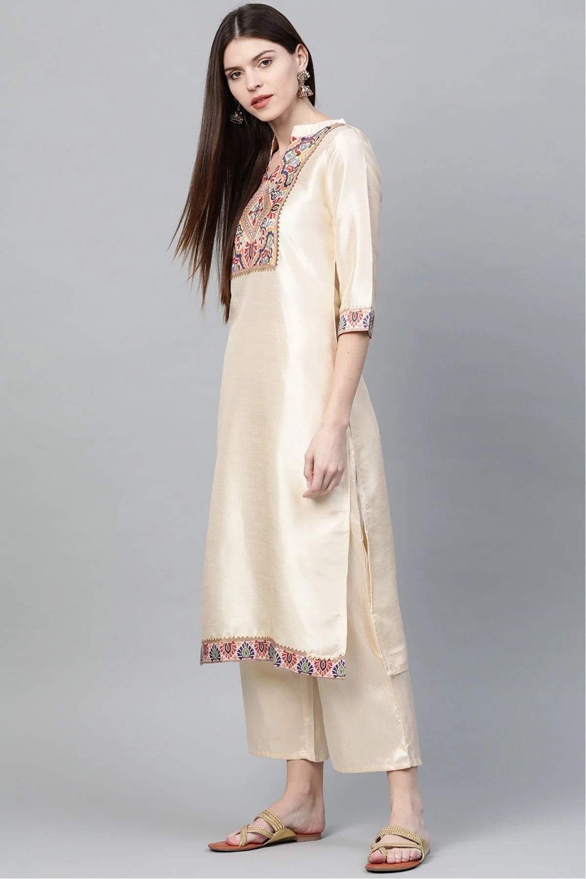 Cream Plus Size Poly Silk Straight Kurti NCKR10610191