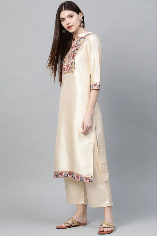 Cream Plus Size Poly Silk Straight Kurti NCKR10610191