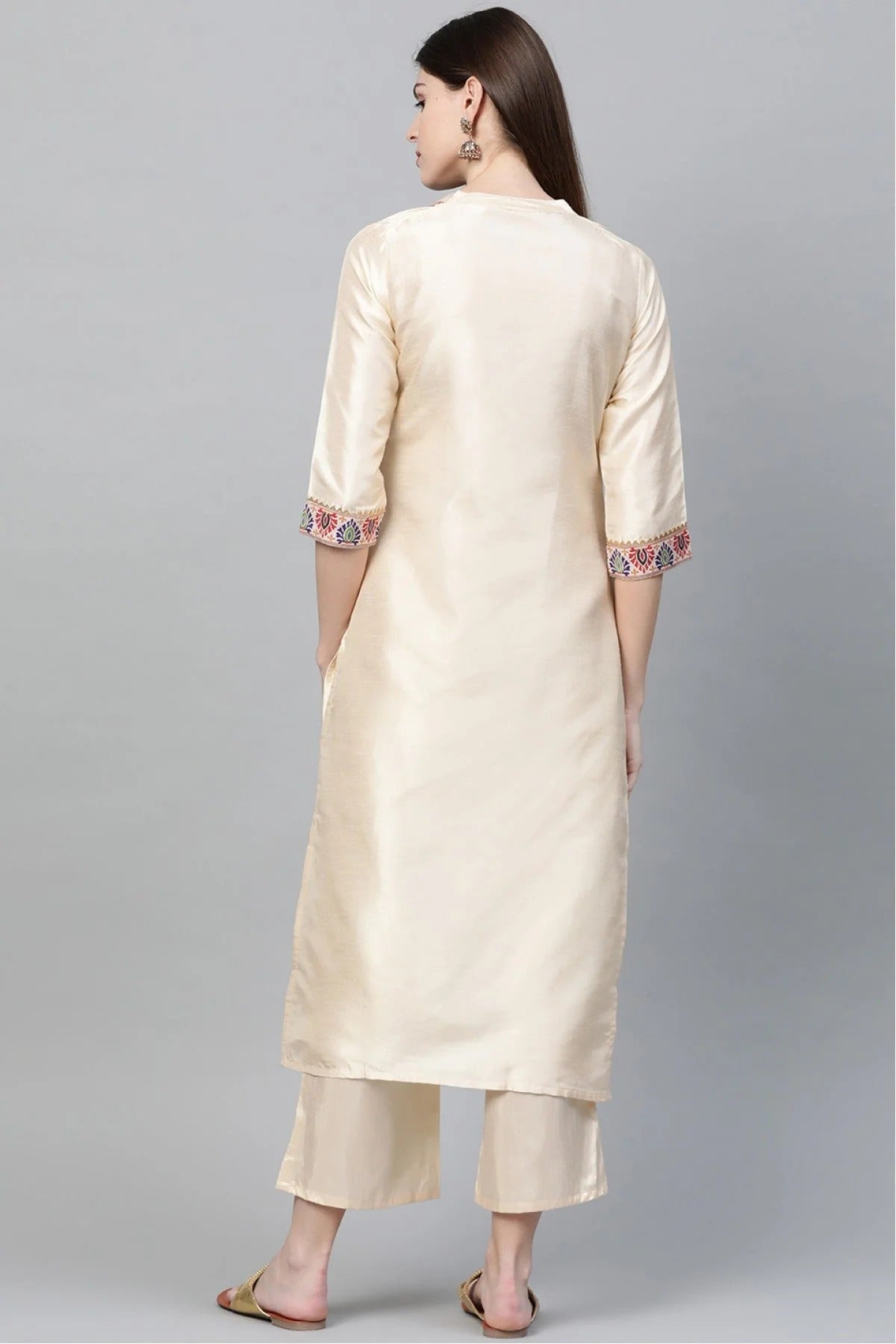 Cream Plus Size Poly Silk Straight Kurti NCKR10610191