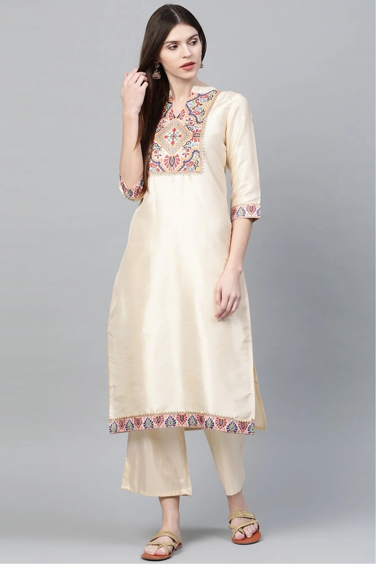 Cream Plus Size Poly Silk Straight Kurti NCKR10610191