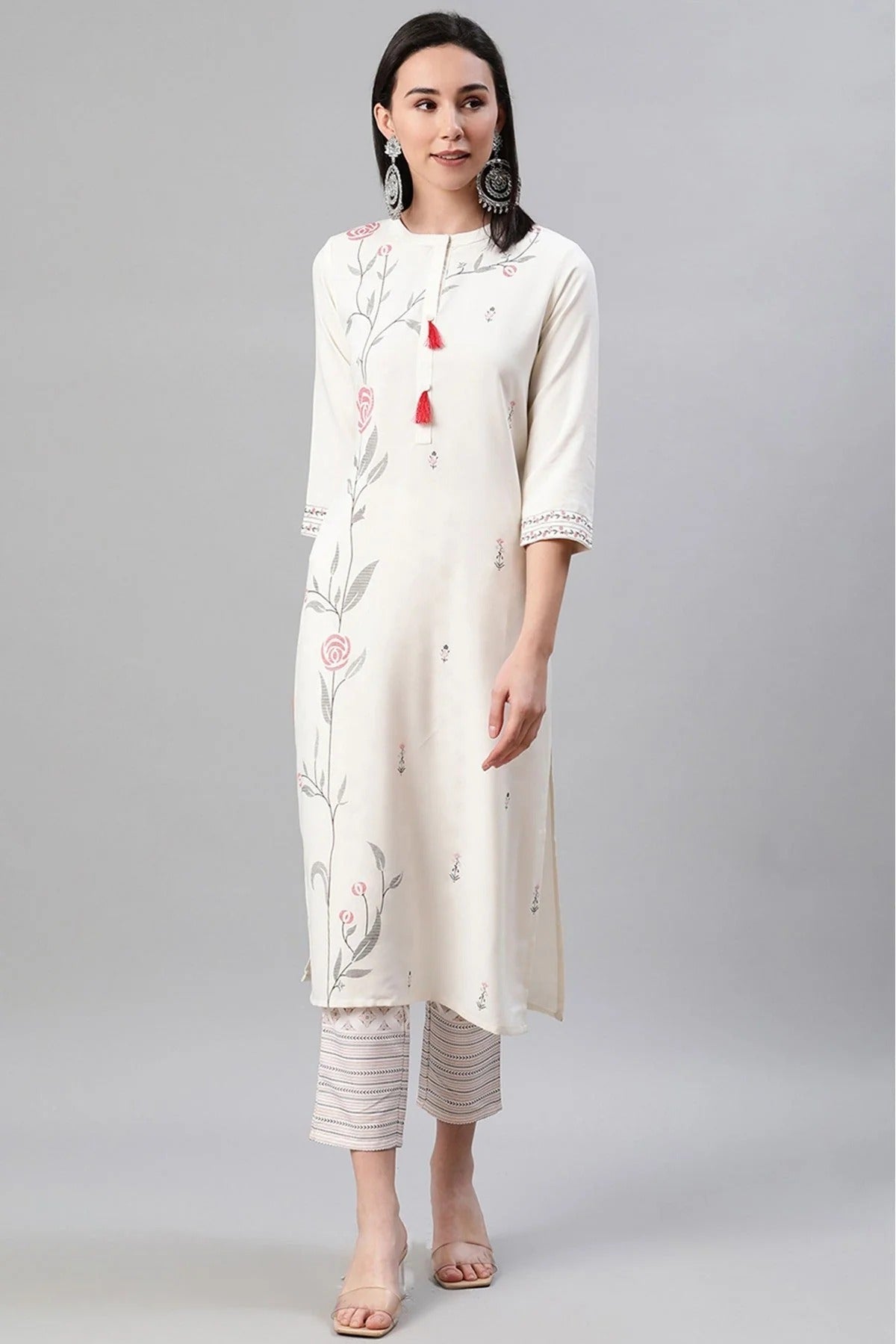 Cream Plus Size Rayon Foil Print KurtiWith Pant Set NCKR10610131