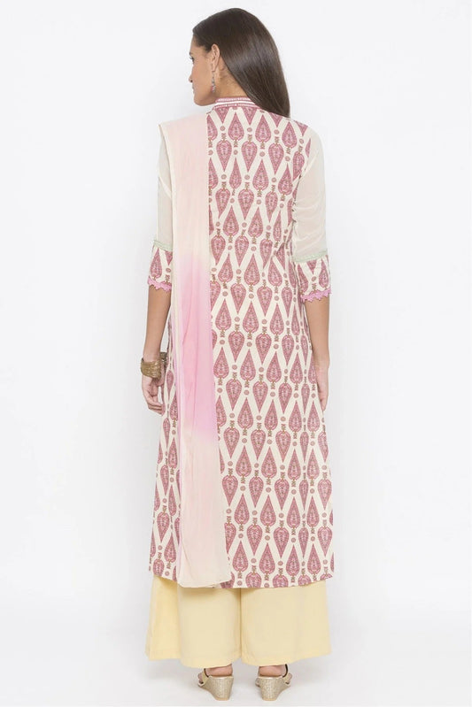 Cream Plus Size Stitched Cotton Embroidery Palazzo Pant Suit NCSS10710588