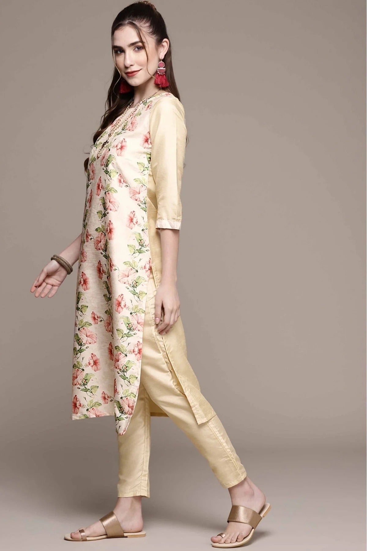 Cream Poly Silk Digital Print Kurta With Pant NCKR10610157