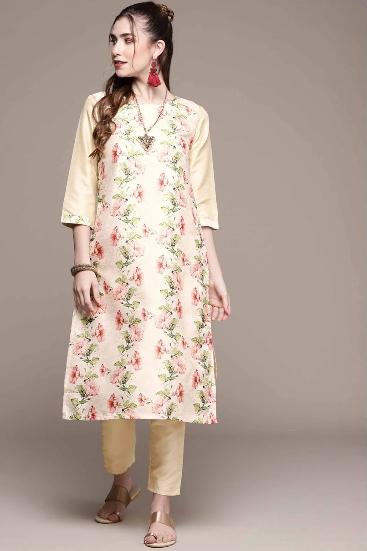 Cream Poly Silk Digital Print Kurta With Pant NCKR10610157