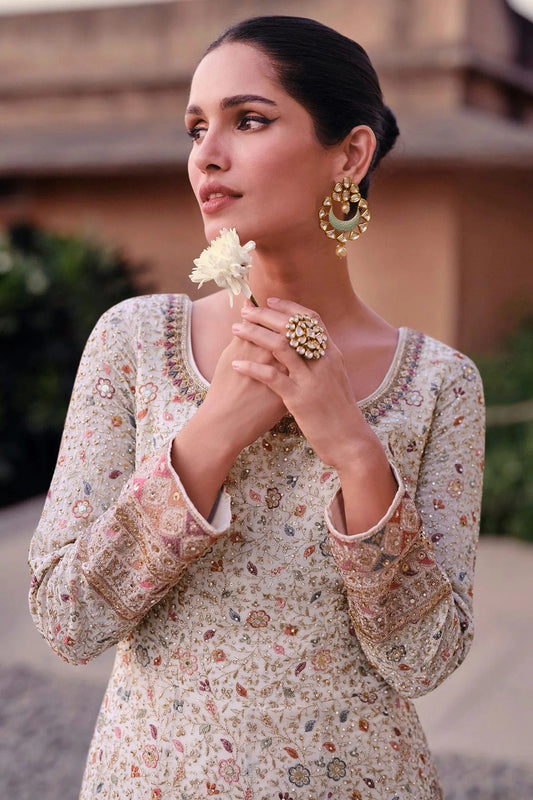 Cream Semi Stitched Georgette Anarkali Suit NCSM11410486