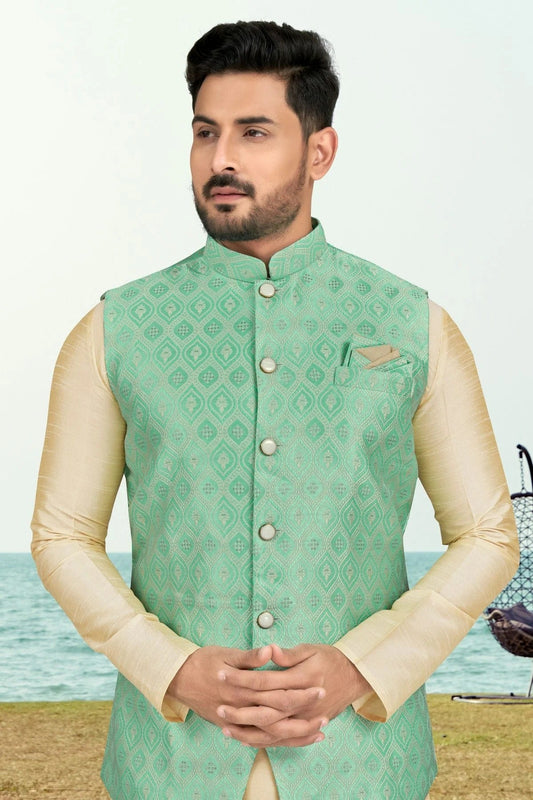 Cream Silk Dhupion Jacket Kurta Pajama NCKP10410307