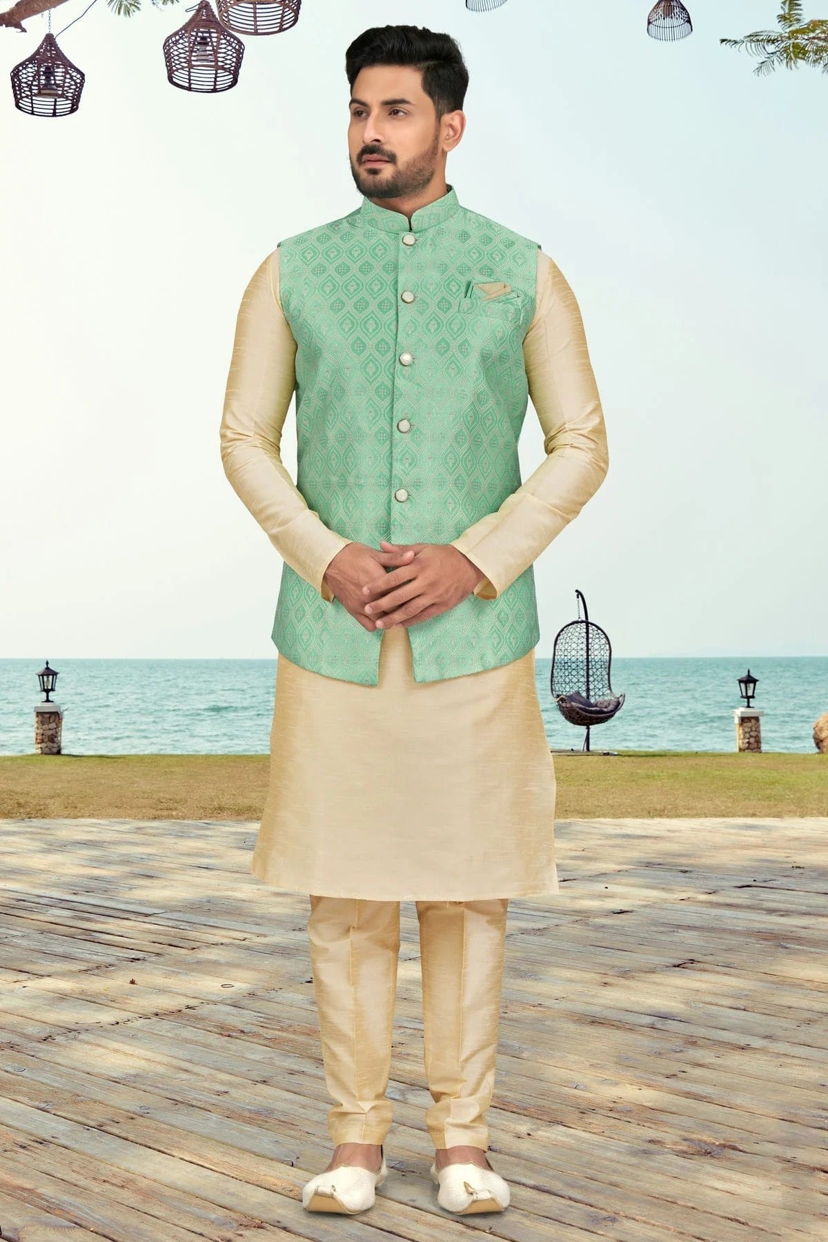 Cream Silk Dhupion Jacket Kurta Pajama NCKP10410307