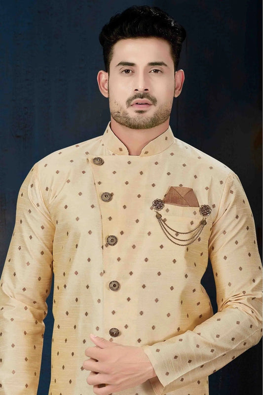 Cream Silk Party Wear Indo Western Sherwani NCSH10410338