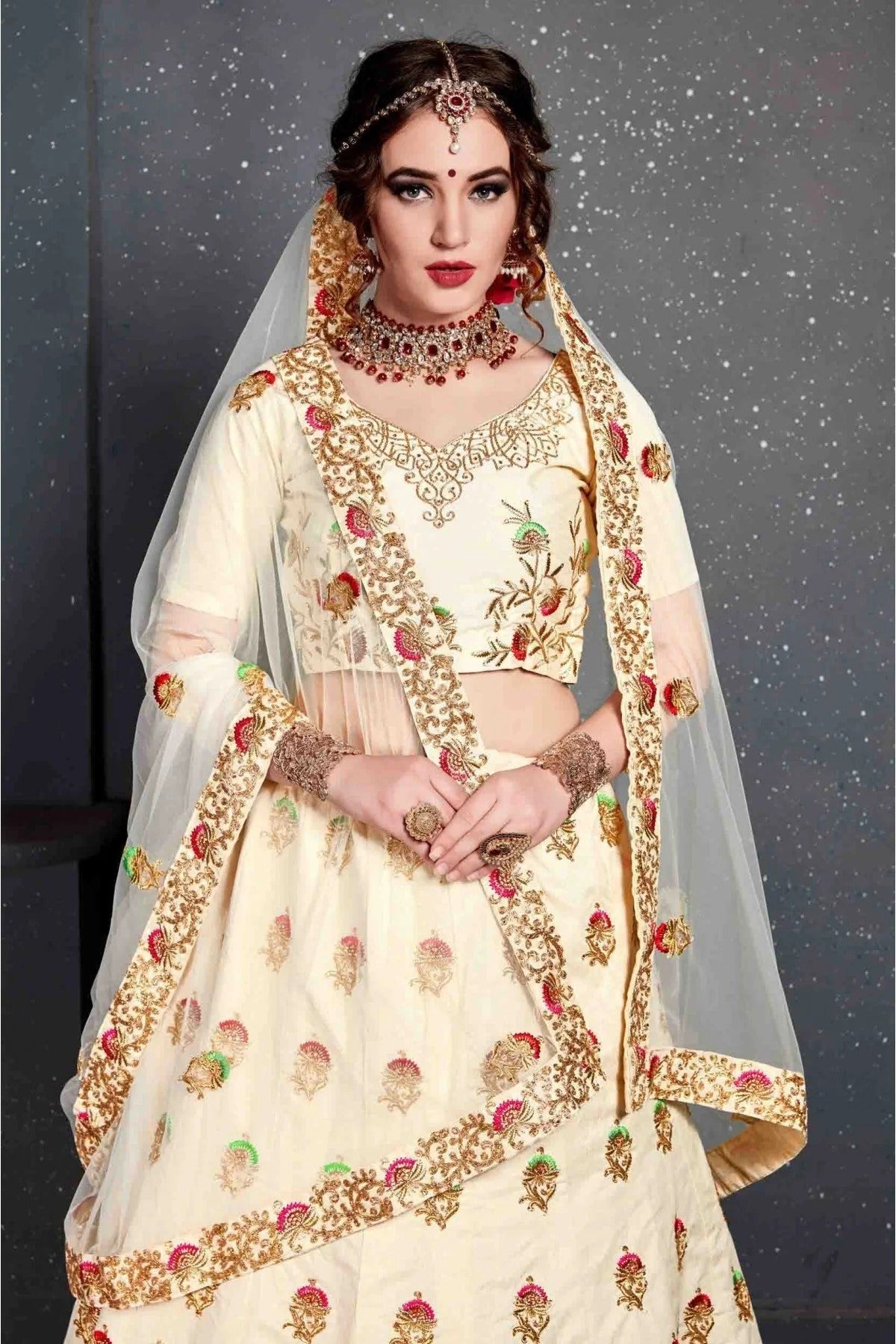 Cream Slub Silk Lehenga Choli NCLC10110274