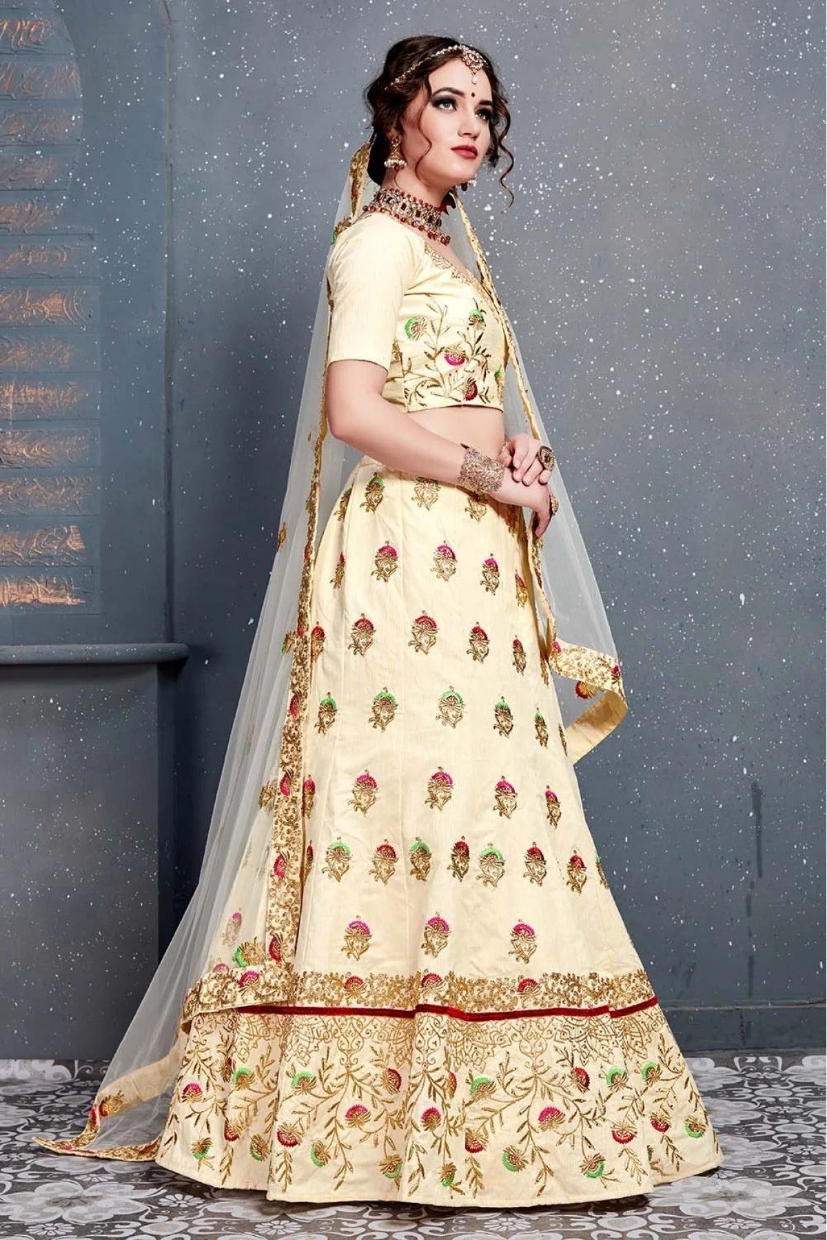 Cream Slub Silk Lehenga Choli NCLC10110274