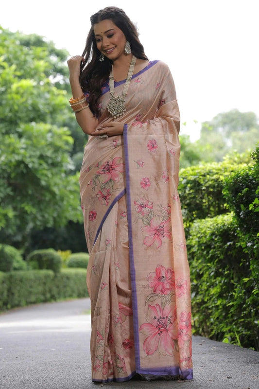 Cream Tussar Silk Digital Printed Saree NCSD12910191