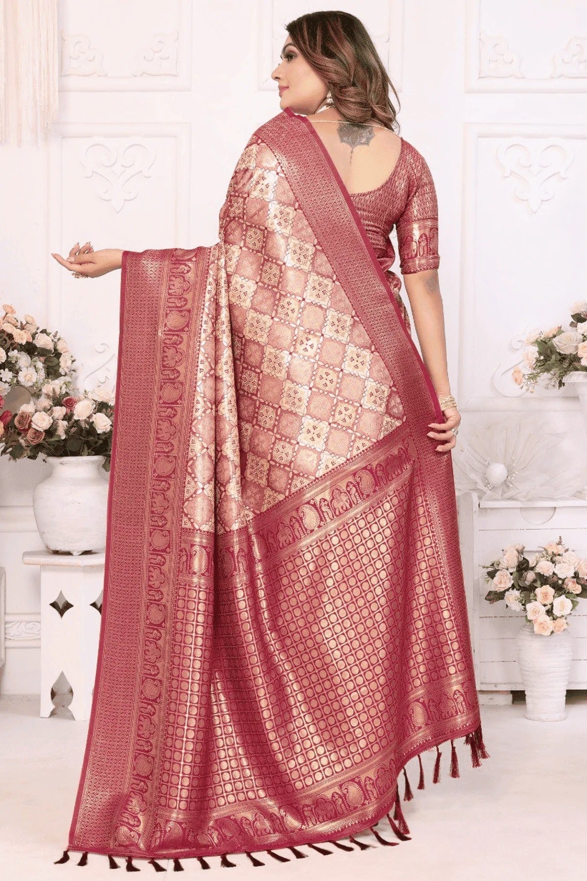 Cream Woven Banarasi Silk Traditional Saree NCSD12510188