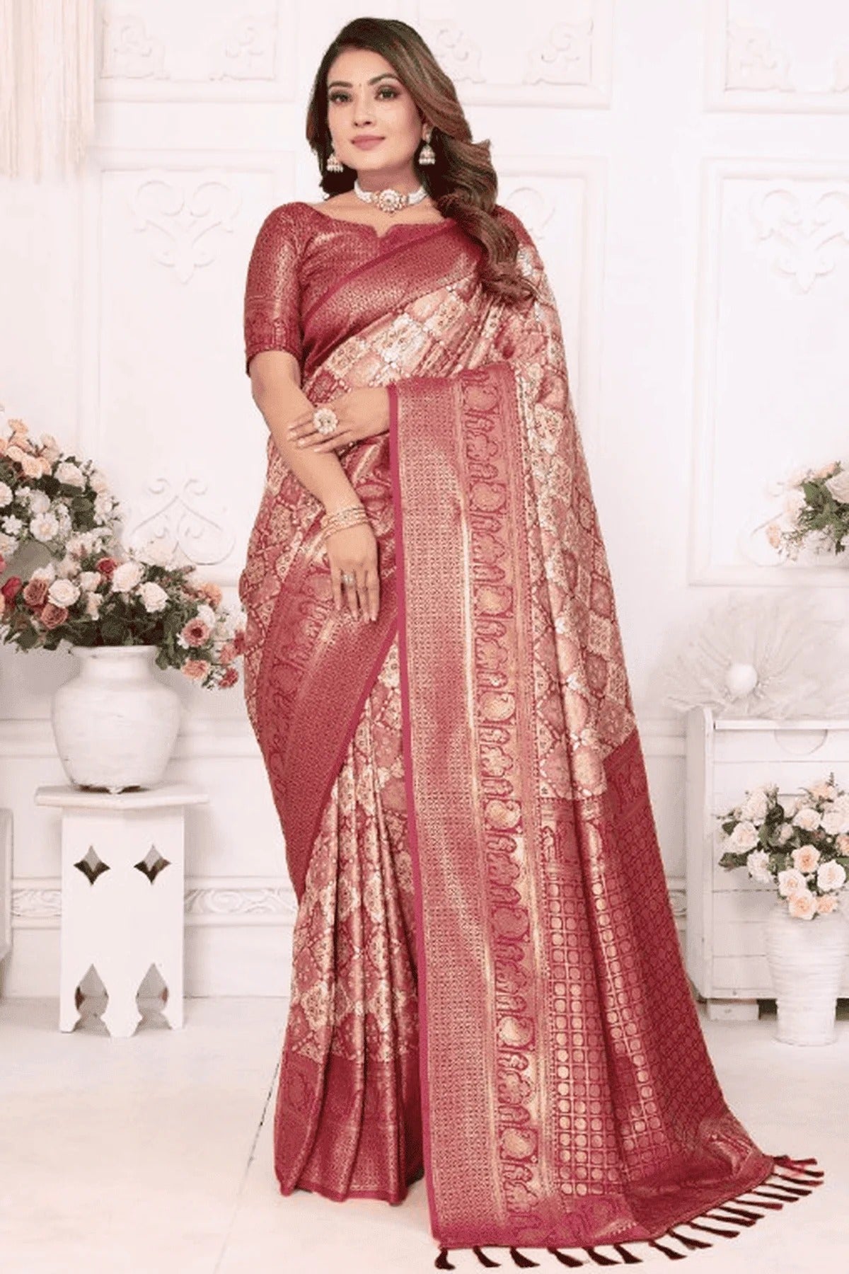 Cream Woven Banarasi Silk Traditional Saree NCSD12510188