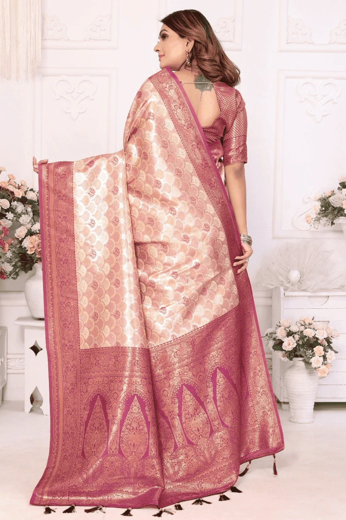 Cream Woven Banarasi Silk Traditional Saree NCSD12510199