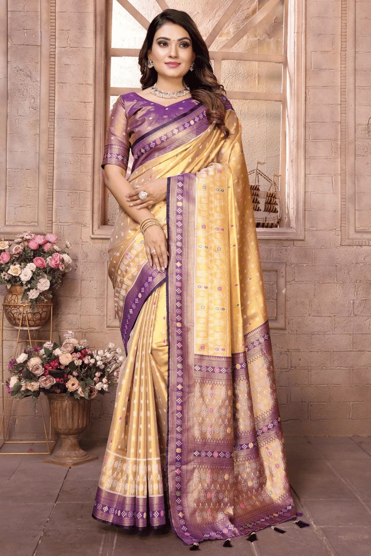 Cream Woven Pure Banarasi Tissue Silk Traditional Saree NCSD12510131