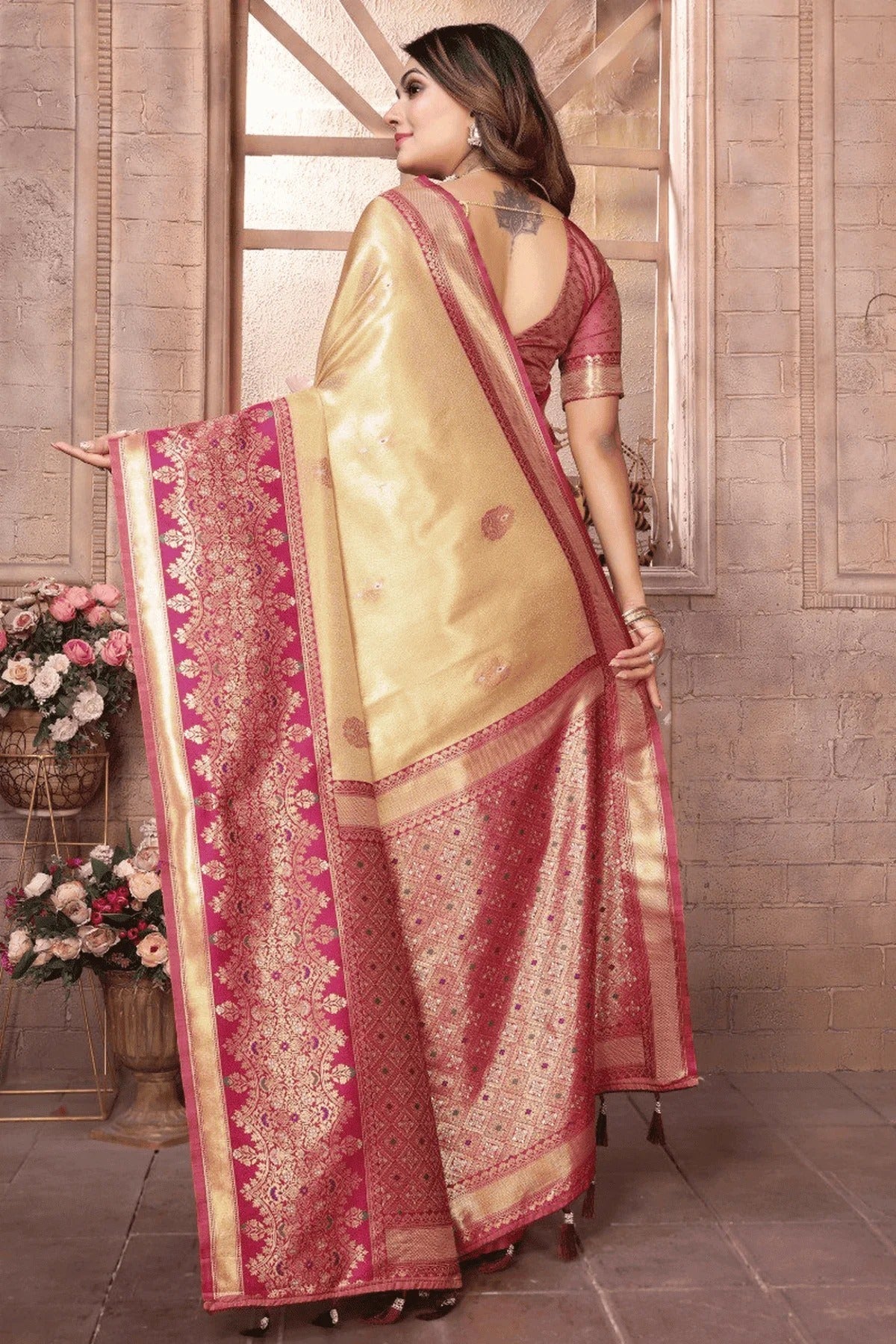 Cream Woven Pure Banarasi Tissue Silk Traditional Saree NCSD12510148
