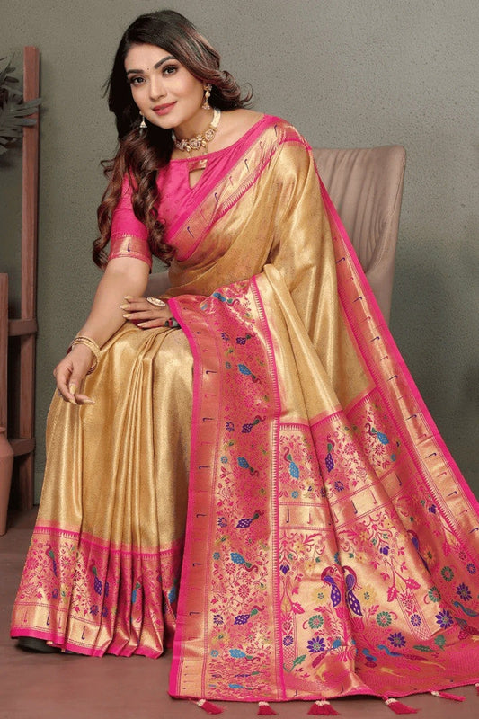 Cream Woven Pure Banarasi Tissue Silk Traditional Saree NCSD12510167