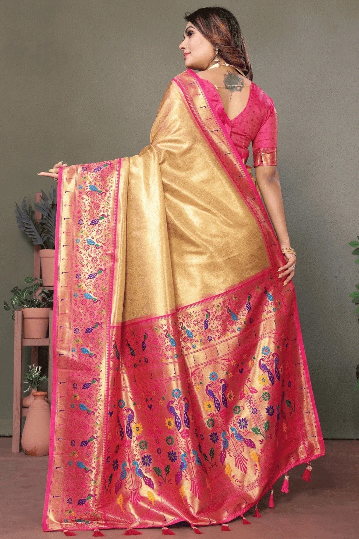 Cream Woven Pure Banarasi Tissue Silk Traditional Saree NCSD12510167