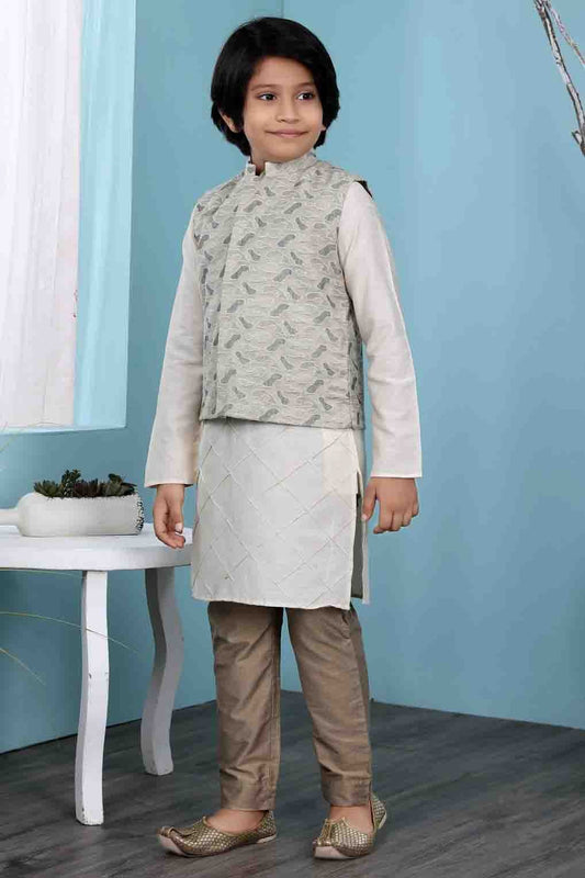 Cream and Beige Cotton Silk Kurta PajamaWith Jacket NCBW10710721